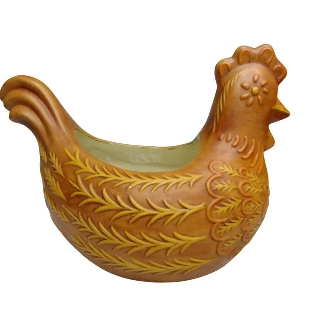 Vintage Ceramic Chicken Planter Brown Yellow Mid Century‎ Farmhouse Decor